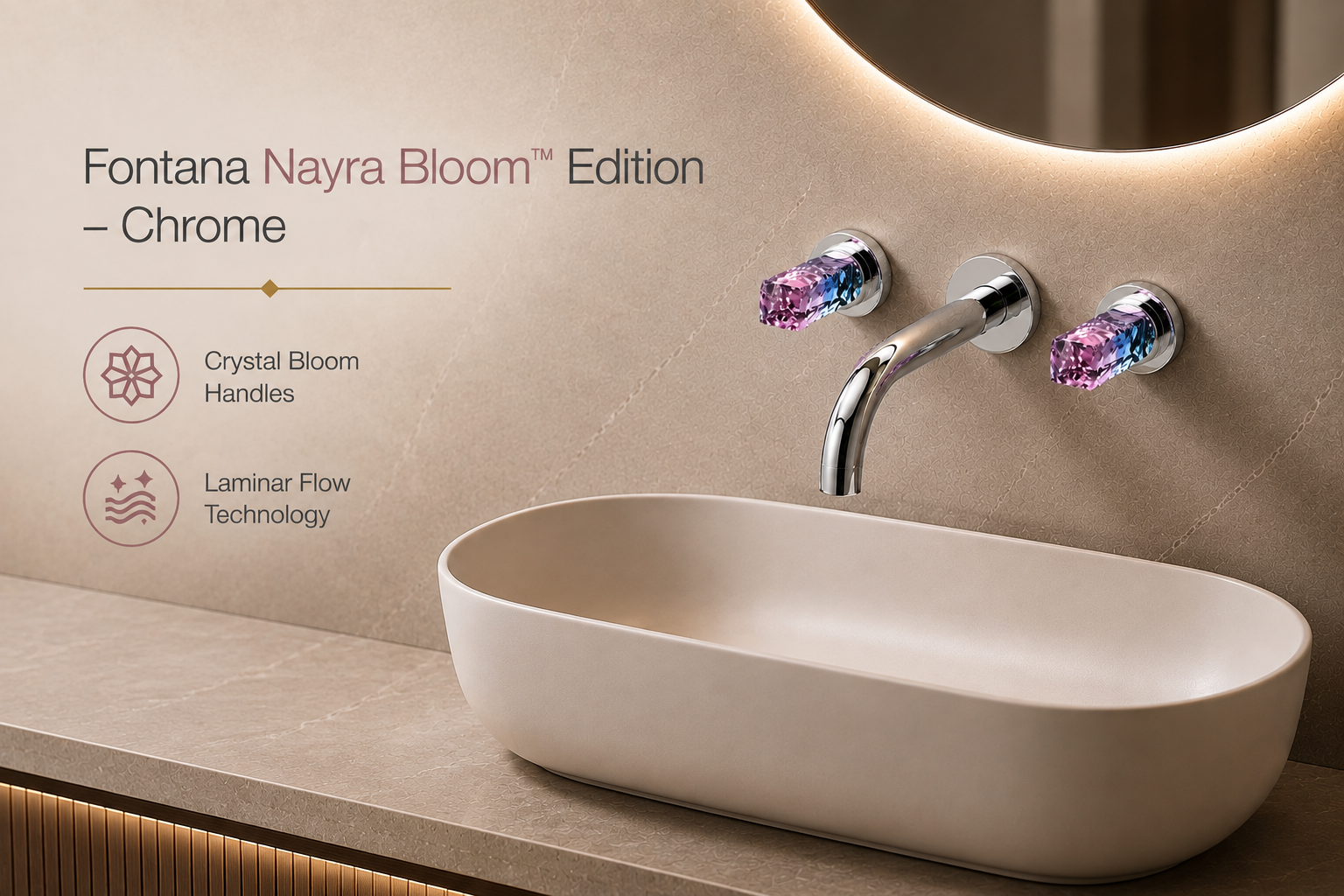 Fontana Nayra Bloom Edition Chrome Wall-Mounted Faucet with Dual Rose-Blue Crystal Handles